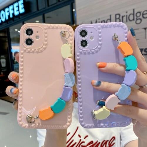 Wrist Chain Cartoon Cats Case for iPhone 12 Pro Max Back Phone Cover for 12 Mini 11Pro Max X XS XR 8 7 Plus SE 2020 Capa