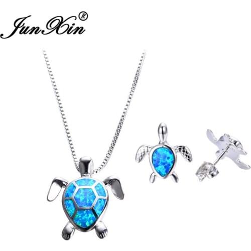 JUNXIN Blue Fire Opal Turtle Necklace/Stud Earrings Animal Jewelry Sets For Women Silver Color Best Wedding Sets