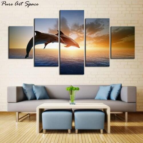 Dolphin Wall Art Pictures Canvas Print Painting Beautiful Seascape Painting Ocean Canvas Art Couple Dolphin Poster Wall Decor