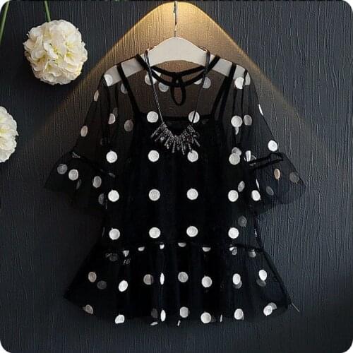 2016 Girl Summer New Pattern Childrens Garment Girl Camisole Vest Wave Point Lace Smock Fashion 2 Pieces Suit