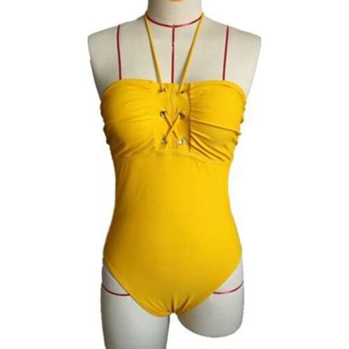 Summer Womens Solid Color Swimsuit Sexy One Piece Bikini New Open Back Lace Up Bra Tight Multicolor Swimsuit