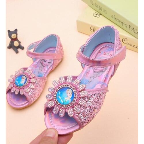 Disney Fashion Girls Summer Sandals Bowknot Leather Frozen Dress Flat Shoes Elsa Princess Sandals Party Single Sandals