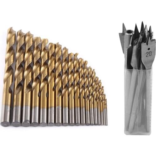 19 Pcs HSS Drill Bit Set 1mm-10mm Quality German Tools & 15Pcs Full Carbon Steel Hex Shank Spade Flat Wood Drill Bit Set