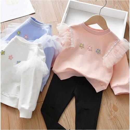 2021 New Baby Girl Sweet Flower Mesh Flying Long Sleeved Sweater T Shirts Girls Kids Princess Clothes Children Tops Wear 2-8age