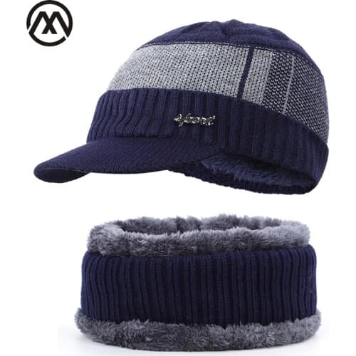 2019 new men and women winter hat bib outdoor warm letter stripe knit hat scarf plus velvet thickening casual mens peas