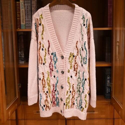 2020FW Autumn New Women Sequined Beading Wool Knitted Cardigans Coat Female Luxury Sweater