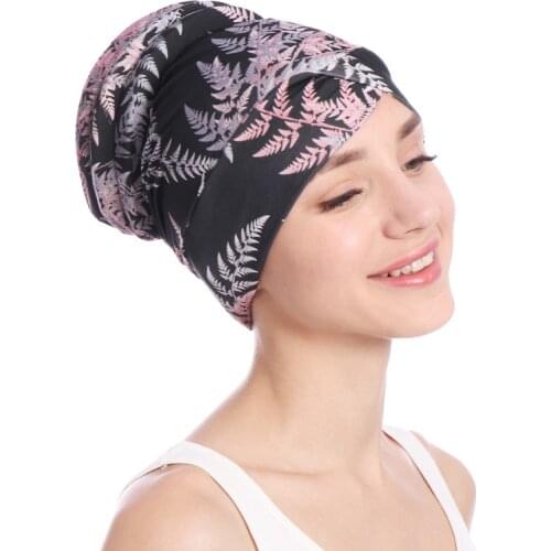 New Muslim Cotton Toque Indian hat Elastic Turban Hijab Islamic Chemo Cap Ladies Stretch Head Wrap Head Scarf Floral Hat Leaf