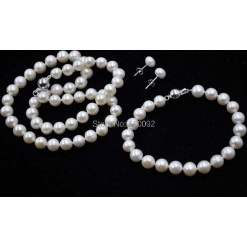 1 sets fine 8mm white freshwater pearl necklace bracelet / earring studs
