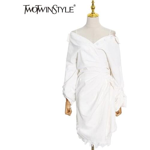 TWOTWINSTYLE White Sexy Dresses For Women Boat Neck Long Sleeve Cold Shoulder Gathered Waist Mini Dress 2021 Summer New Clothing