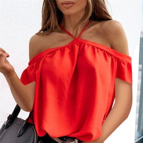 Women 2020 Summer Off Shoulder Halter Blouse Shirts Sexy Backless Solid Color Tops Ladies Elegant Short Sleeve Shirt Blusas
