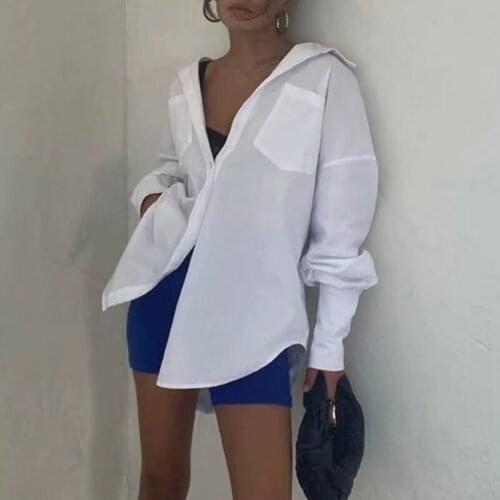 Womens White Long Sleeve Casual Shirt Autumn 2021 Turn-down Collar Button Patchwork Pockets Design Loose Simple Lady Shirts