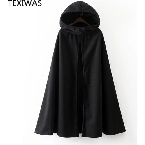 TEXIWAS Fashion Hooded Cape Coat Poncho Women Bat Sleeve Long Poncho coat Cape Outerwear Shawl Plus Size Irregular Ponchoes