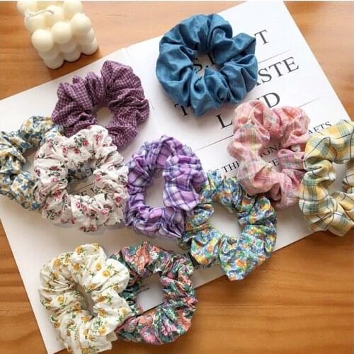 2021 Elegant Floral Plaid Hair Scrunchies For women Fashion Hair Ring Girls Elastic Hair Rubber Bands Purple Hair Tie wholesale
