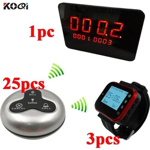 Wireless Pager Restaurant Calling Paging System 1 LED Display + 3pcs Watch Wrist Receiver+25pcs Call Transmitter Button Pager