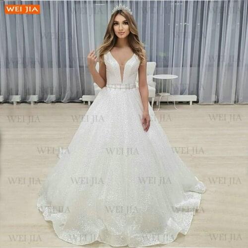 Shiny V Neck Wedding Dresses Long 2021 Hochzeitskleid Lace Up Fluffy Ball Gown Bridal Dress Women Custom Made Robe De Mariage