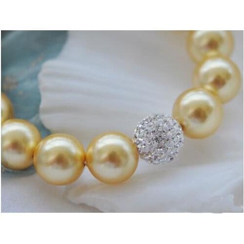 Luck Pearl Bracelet Fashion Jewelry 8'' 12mm Round Yellow Shell Diamonds Bead Elastic Bracelet Charming Wedding Party Women Gift