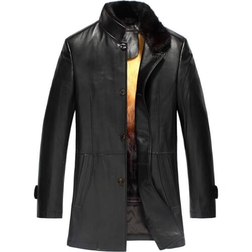 Mens Golden Mink Fur Outerwear Lambskin Jacket Removable Lined Trench Coat Crafted Genuine Leather Shell