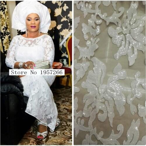 French Net Lace Fabric Latest African Guipure Lace Fabric With Embroidery Mesh Tulle Water White Cord Sequins Lace Fabric M10186