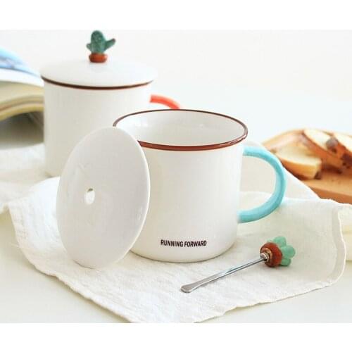 Cactus creative ceramic mug with lid and spoon milk coffee cup cute fresh and simple office water cup