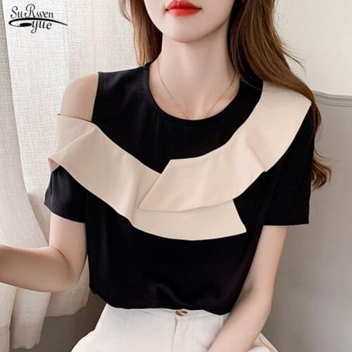 Summer Off Shoulder Blouse Women 2021 Blusas Mujer De Moda 2021 Short Sleeve Chiffon Shirt Women Sweet Ruffles Ladies Tops 15221
