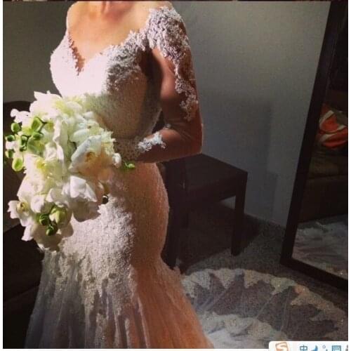 Hot Sale Brazil Fashion Wedding Dress With Nude Color Long Sleeve Mermaid Wedding Dress 2016