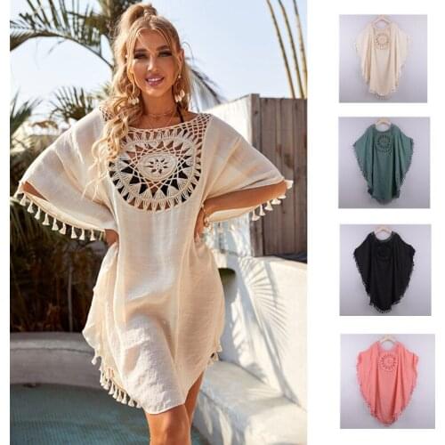 Swimsuit Cover Ups for Swimwear Women Tassel Beach Dress Cotton Tunic 2021 Summer Beachwear Holiday Crochet Coverups Black Green