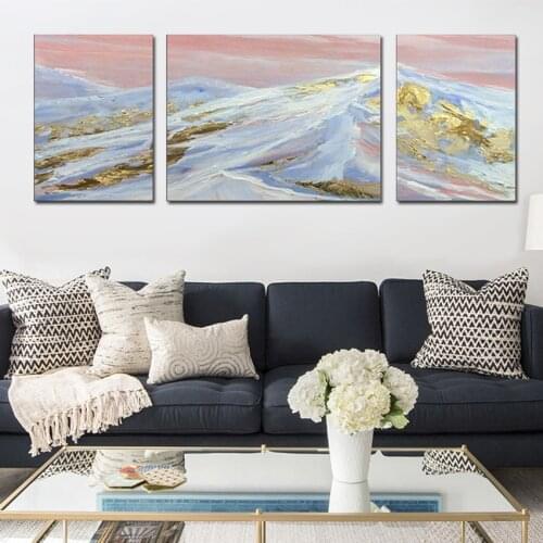 New Modern 3 Panels Abstract Peak Landscape Painting Full Golden Texture Hand-painted Wall Art Geometric Picture For Living Room