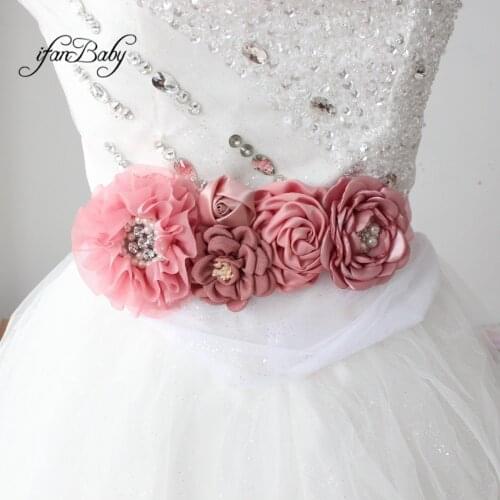 Bride Girl sash belt Vintage pink fabric flower with rhinestone wedding belt women belt