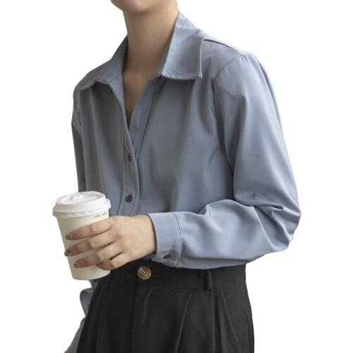 Women Tops Satin Cardigan Lapel Shirt Lady V-Neck Vintage Long Sleeve Shirts Blouse Blusas