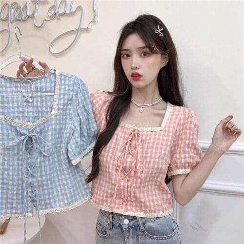 Puff sleeve plaid shirt women summer new style square collar clavicle short slim shirt French blouse