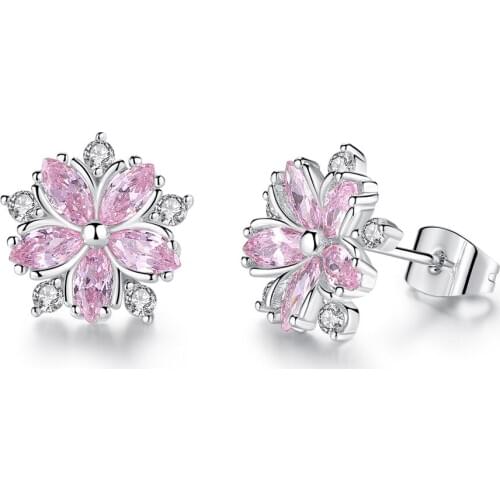 Sakura Pink Zircon Charm Stud Earrings Korean Female Simple Elegant CZ Earrings Beautiful High quality Jewelry