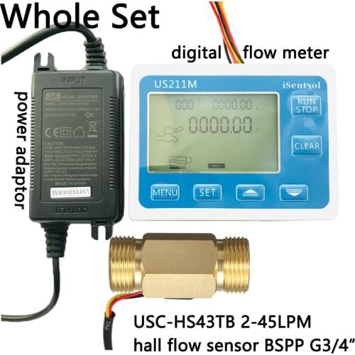 US211M Digital Flow Meter Totalizer with Brass Flow Sensor USC-HS43TB G3/4" Hall Flow Sensor 2-45LPM iSentrol Saier Sesnor China