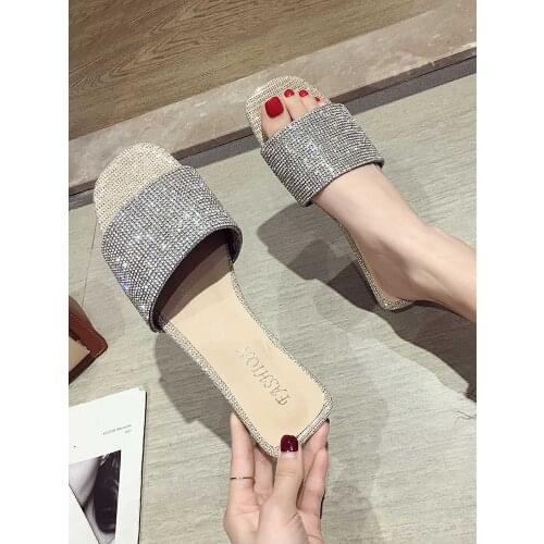 Womens Shoes Slippers Outdoor 2020 Summer New Rhinestone Flat Open Toe Square Toe Flats Beach Shoes