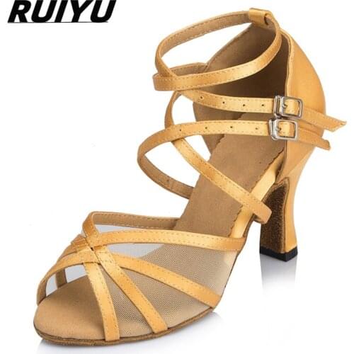 Womens Latin Dance Salsa Tango Ballroom Banquet Dance Shoes Girls High Heel Sandals Satin Yellow Pink