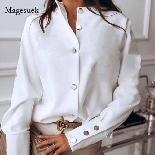 Women Shirts Tops 2020 Autumn Womens Fashion Long Sleeve Blouses Stand Collar Solid White Black Loose Cardigan Blusas 10619