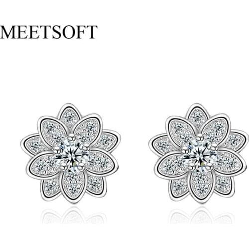 MEETSOFT Silver Plated Prevent Allergy Fashion Stud Earrings for Women Design Trendy Single Crystal Flower Round Jewelry Gift