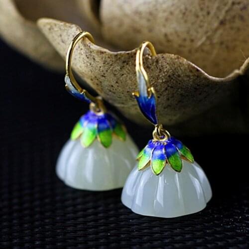 S925 silver jewelry woman earrings Blue Lotus Thai national scenery and Hetian Natural stone earrings for woman