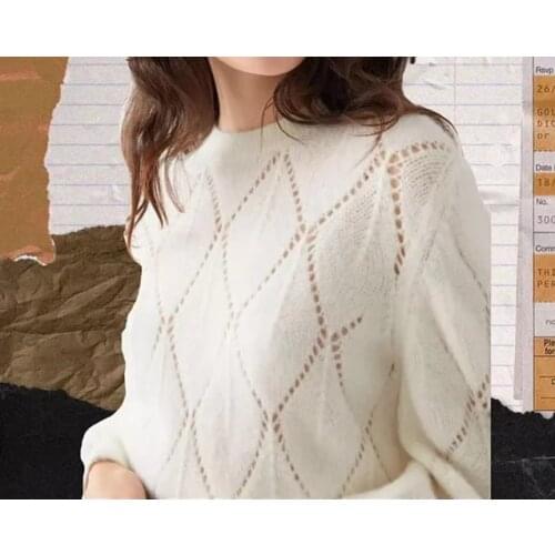 2021 Autumn Winter Ladies Long Sleeve Diamond Lattice Hollow Out Knitwear Jumper Female Pullover Tops Women O-Neck Knit Sweater