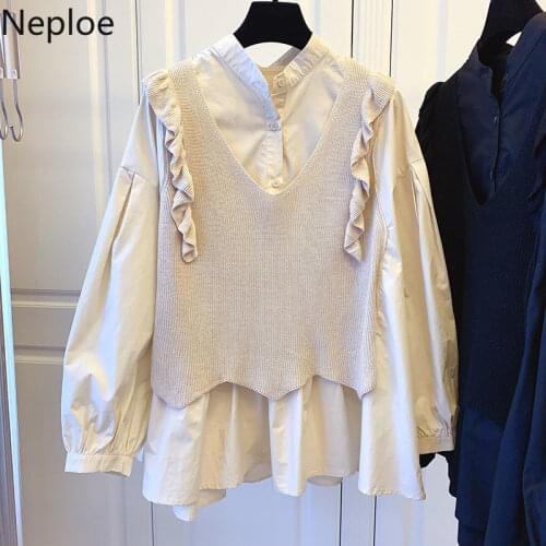 Neploe Feminine Temperament Ruffle Knitted Sweater Vest Patchwork O Neck Long Sleeve Elegant Shirt Fashion Two Piece Sets Female
