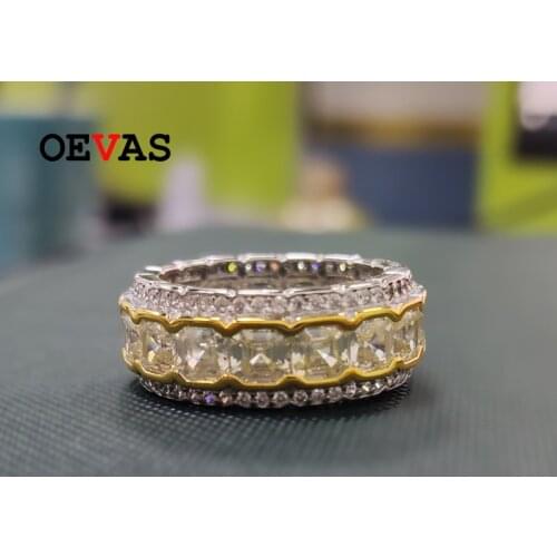 OEVAS 100% 925 Sterling Silver 4*4mm Yellow High Carbon Diamond Rings For Women Sparkling Wedding Party Fine Jewelry Wholesale