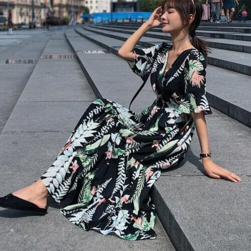 2020 Summer Floral Dress Women Fashion V Neck Short Flare Sleeve Tunic Long Dress Casual Holiday Beach Dress Plus Size