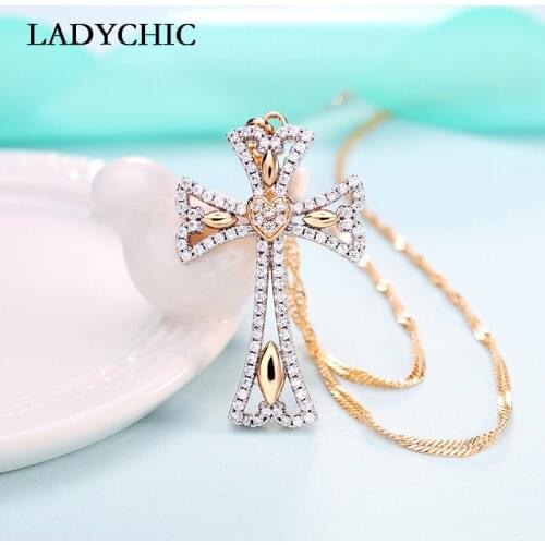LADYCHIC Luxury Big Cross Pendant Necklace Gold Color Crystal Cross Church Christian Fashion Jewelry Dropshipping Collar LN1094