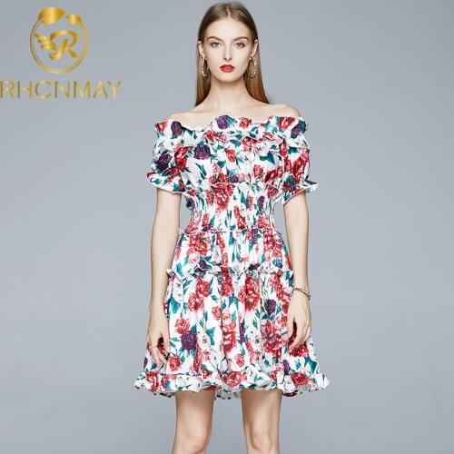 Designer 2020 Runway Womens Summer Dress off the Shoulder Elastic Waist Floral Print Elegant Mini Dresses Ladies Short Dress