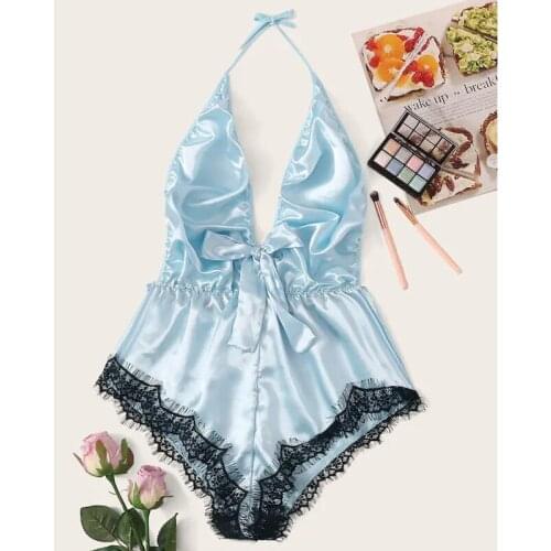 Women Sexy Lace Lingerie Satin Bodysuit Halter Bow Underwear Babydoll Nightwear Sleeveless Satin V-Neck Set