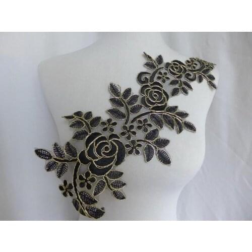 1 Pair Gold Corded Alencon Lace Applique in Black for Bridal Hair Accessory, Bridal Veils, DIY Wedding, Sewing