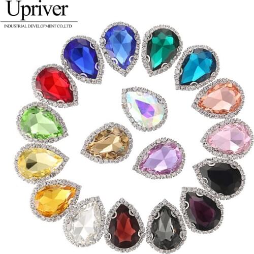 Upriver Mix Color High Quality DR Shape Glass Sew On Rhinestone With Claw For Clothes And weeding Decoration 10pcs 13x18mm