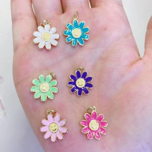 20Pcs,Dainty Gold Plated brass colorful enamel sun flower smiley charms Pendant Jewelry For Girls