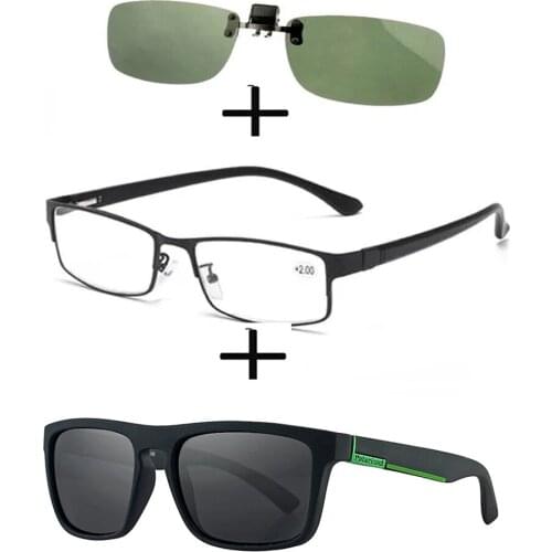 3Pcs!!!rectangular Metal Black Business Reading Glasses Men Women + Polarized Sunglasses Sports Ultralight + Sunglasses Clip