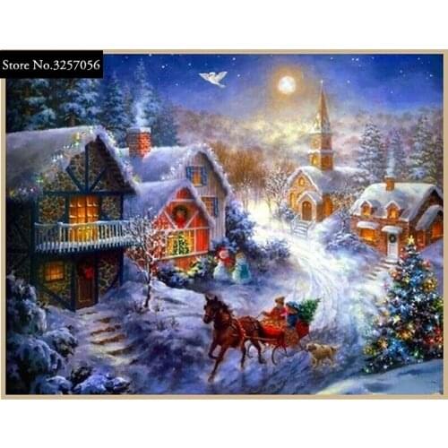 5D Diy Diamond Painting Cross Stitch of Diamond Embroidery Snow House Scenic Diamond Mosaic New Year Christmas Wall Decoration