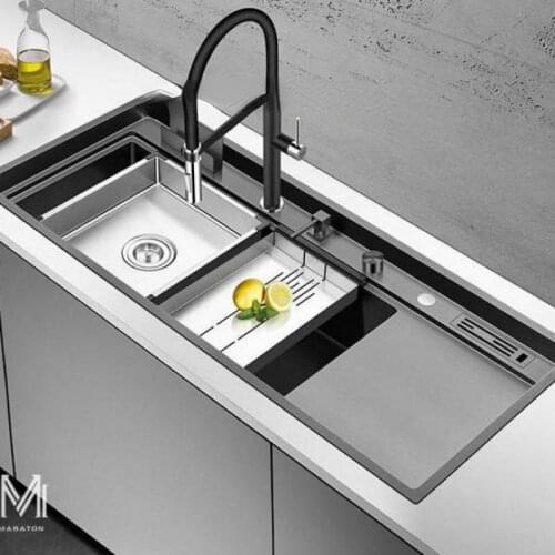 Kitchen Black Nano-stainless Steel Large Sink, Large Single-bath Kitchen Sink With Knife Holder
